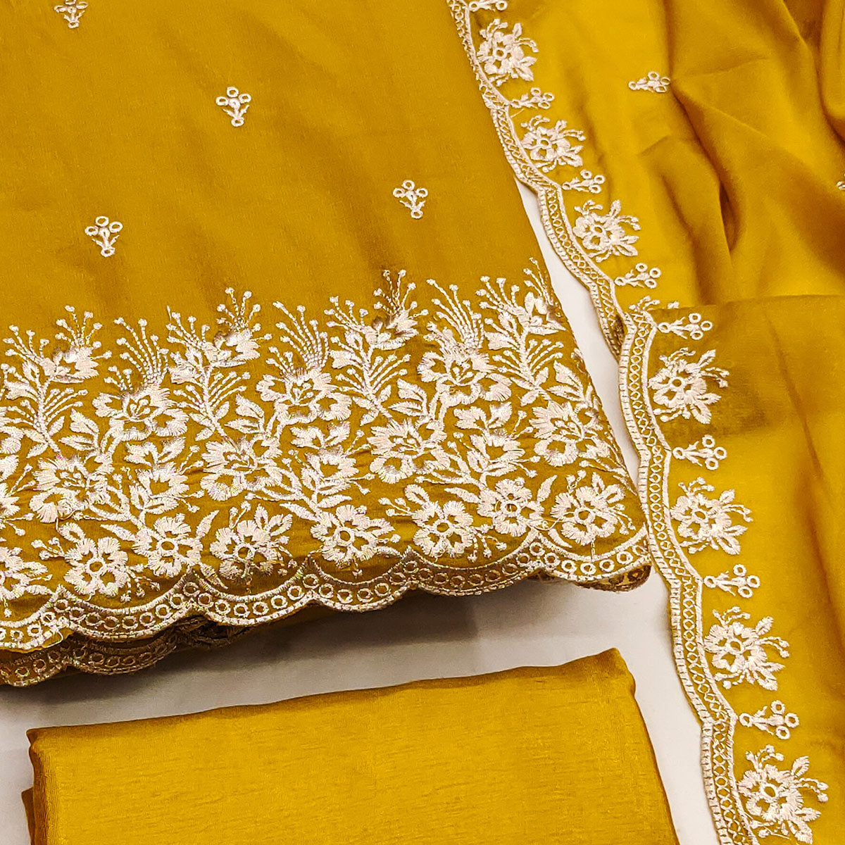 Mustard Georgette Dress Material With Delicate Floral Zari Embroidery