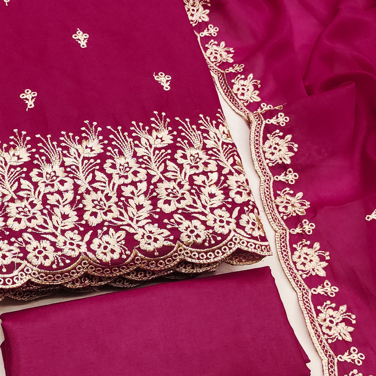 Rani Pink Georgette Dress Material With Delicate Floral Zari Embroidery