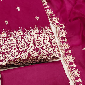 Rani Pink Georgette Dress Material With Delicate Floral Zari Embroidery