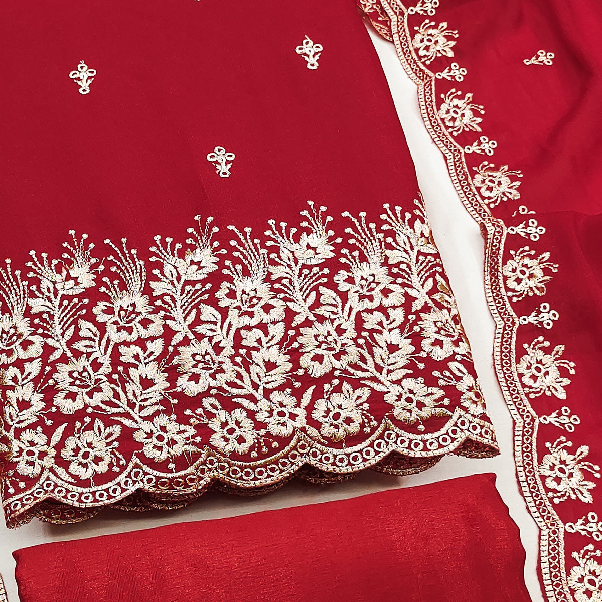 Red Georgette Dress Material With Delicate Floral Zari Embroidery