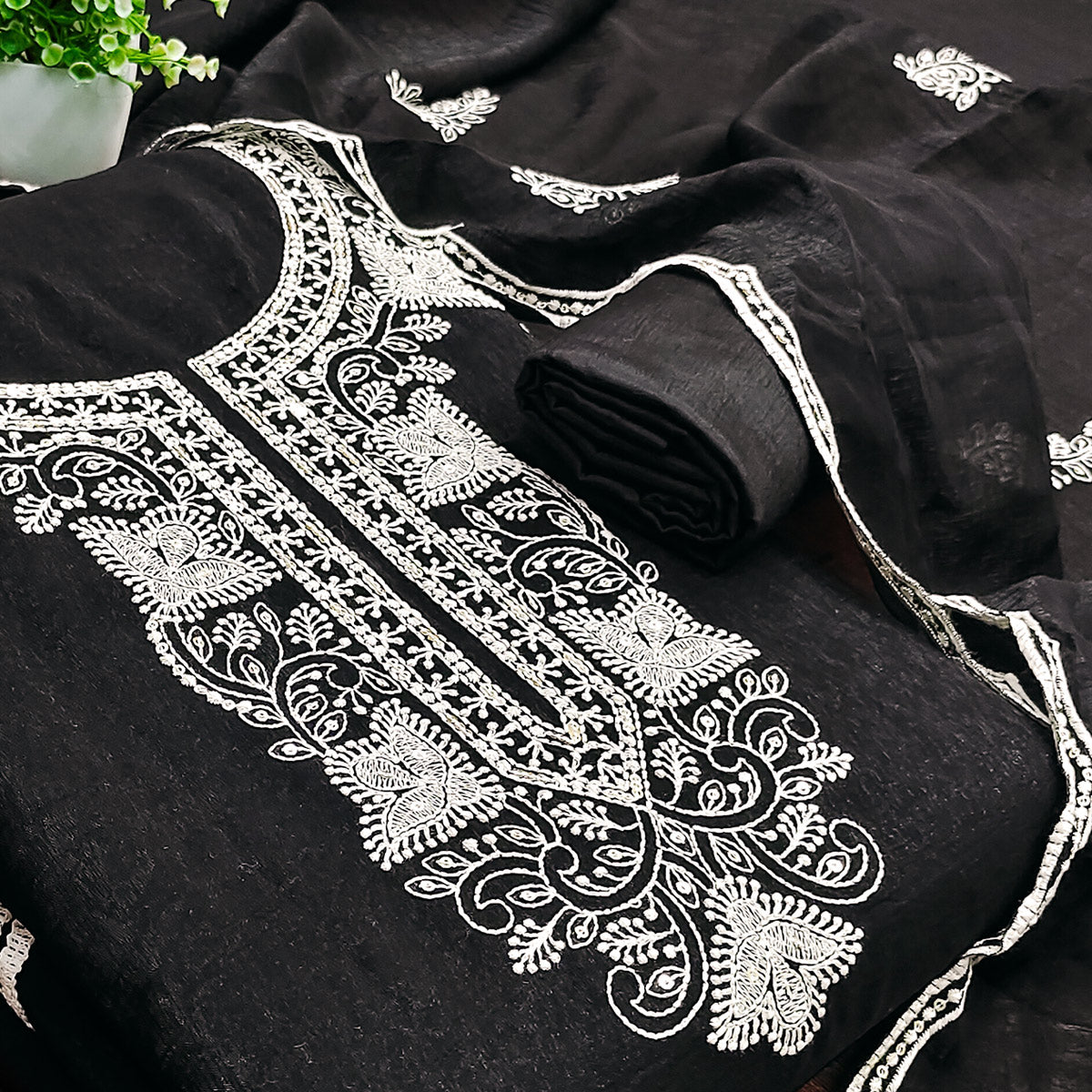 Black Dress Material With Threaded Floral Embroidery & Sequins on Crunchy Silk Georgette