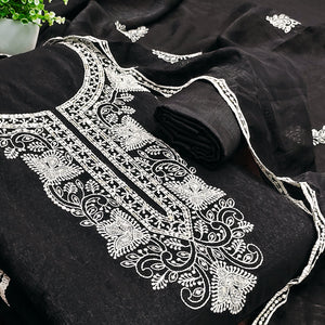 Black Dress Material With Threaded Floral Embroidery & Sequins on Crunchy Silk Georgette