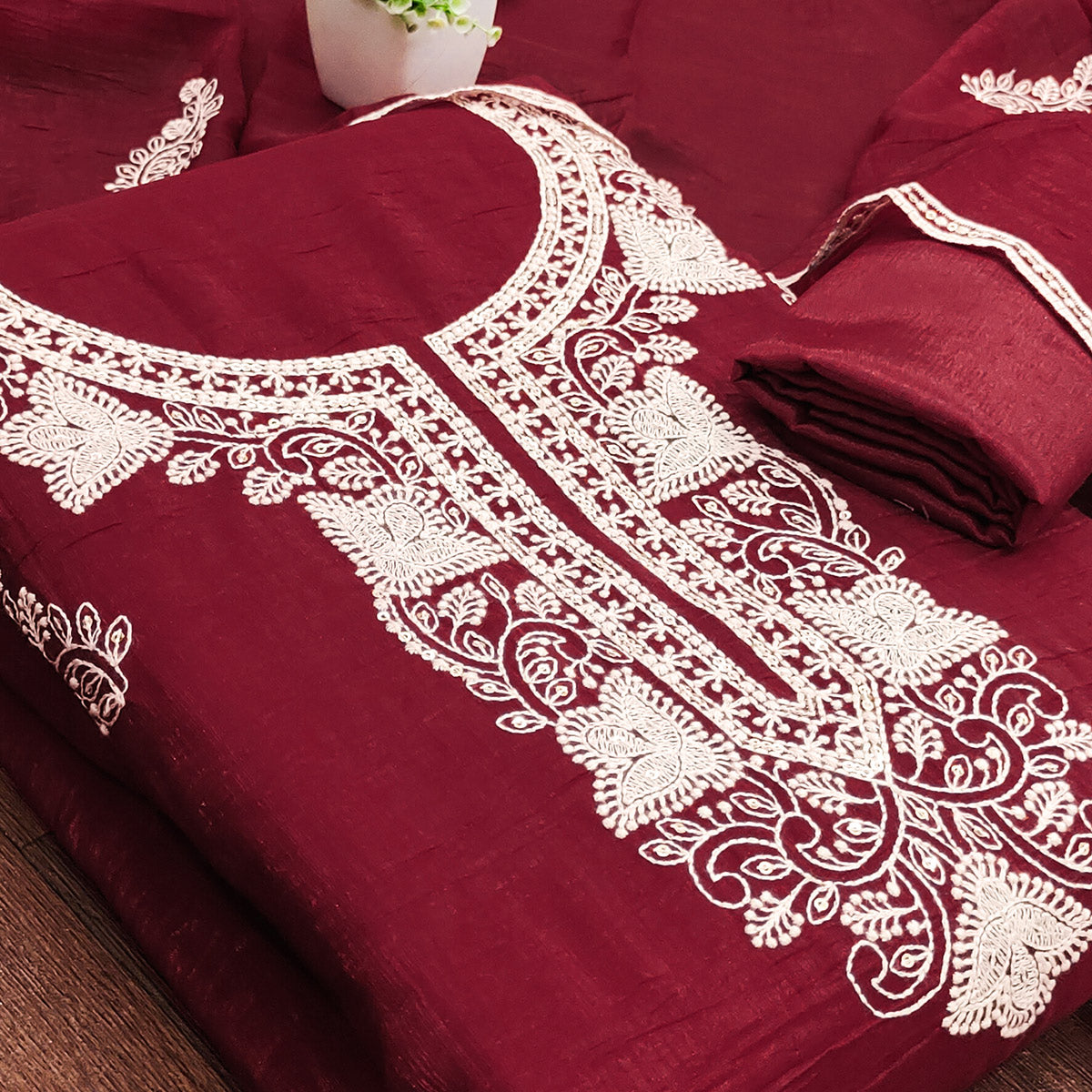 Maroon Dress Material With Threaded Floral Embroidery & Sequins on Crunchy Silk Georgette