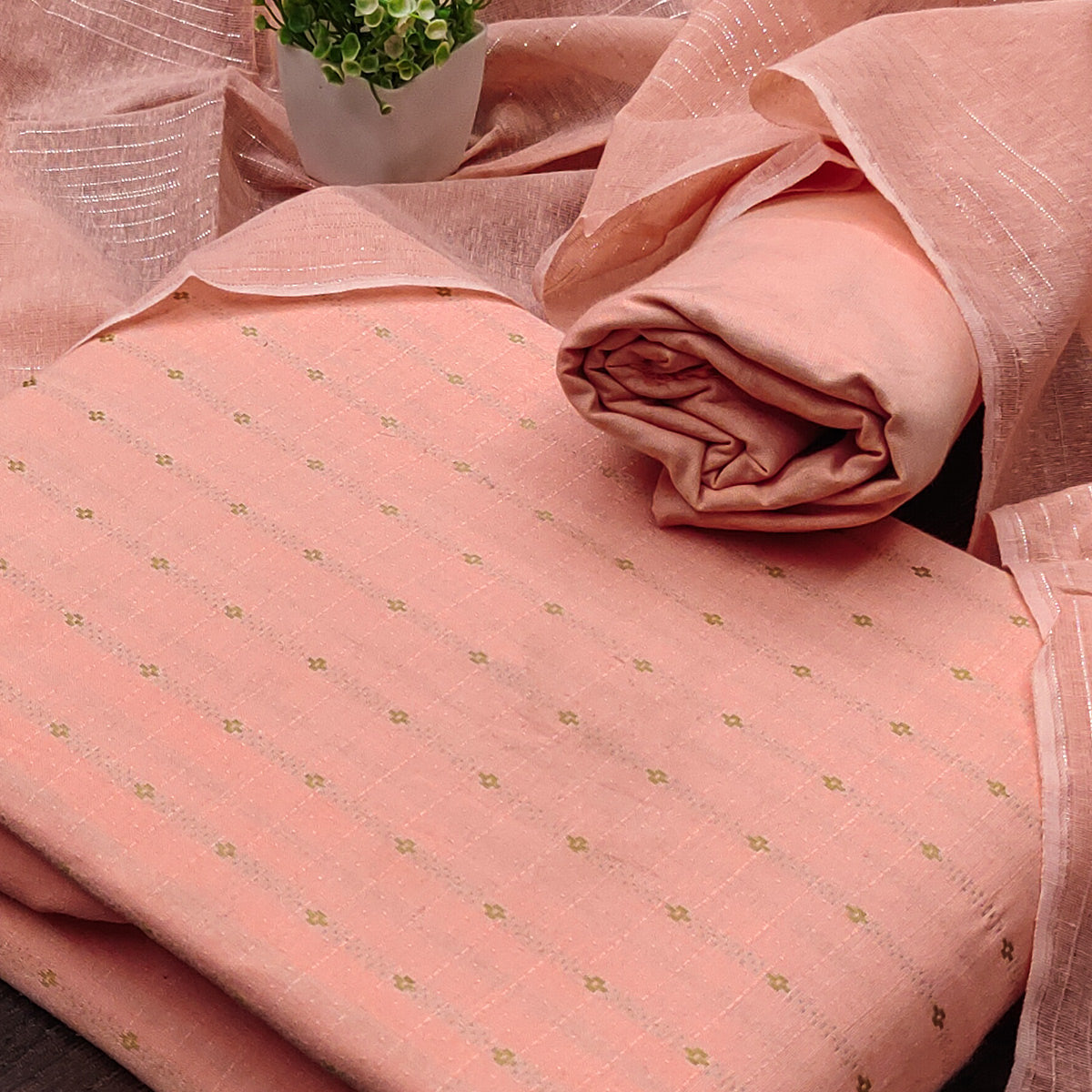 Vibrant Peach Woven Poly Cotton Blend Dress Material