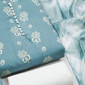 Charming Blue Cotton Blend Dress Material With Floral Print