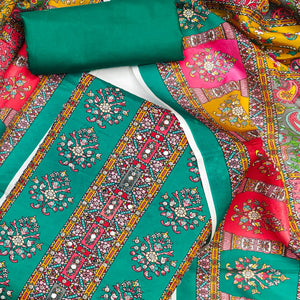 Rama Green Pakistani Dress Material Featuring Soft Chinon Fabric and Timeless Floral Prints
