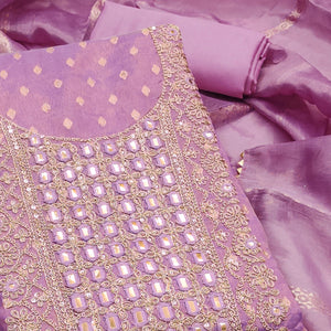 Lavender Weaving Dress Material In Shimmer Silk With Detailed Cording & Sequin Embroidery Work