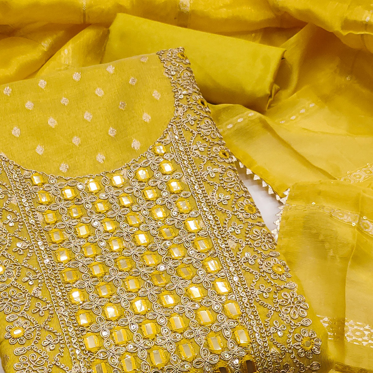 Yellow Weaving Dress Material In Shimmer Silk With Detailed Cording & Sequin Embroidery Work