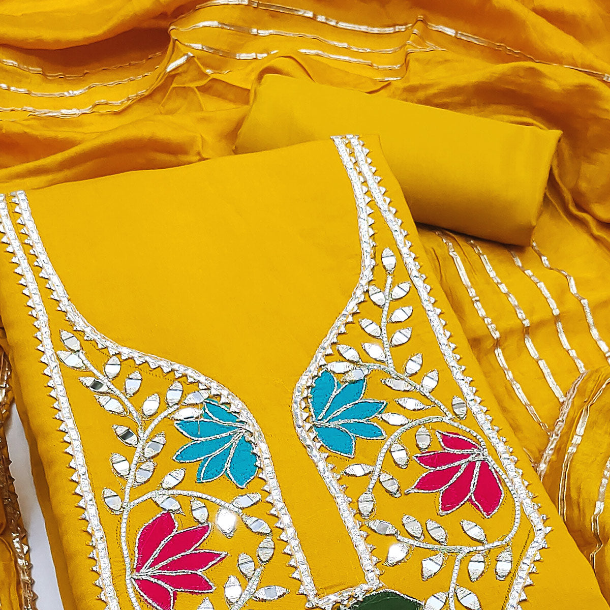 Mustard Floral Embroidery Chanderi Cotton Dress Material Embellished With Mirror & Gota Patti