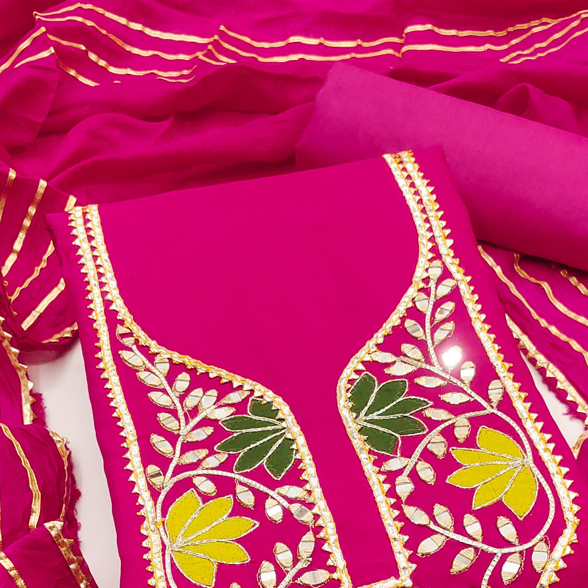 Pink Floral Embroidery Chanderi Cotton Dress Material Embellished With Mirror & Gota Patti