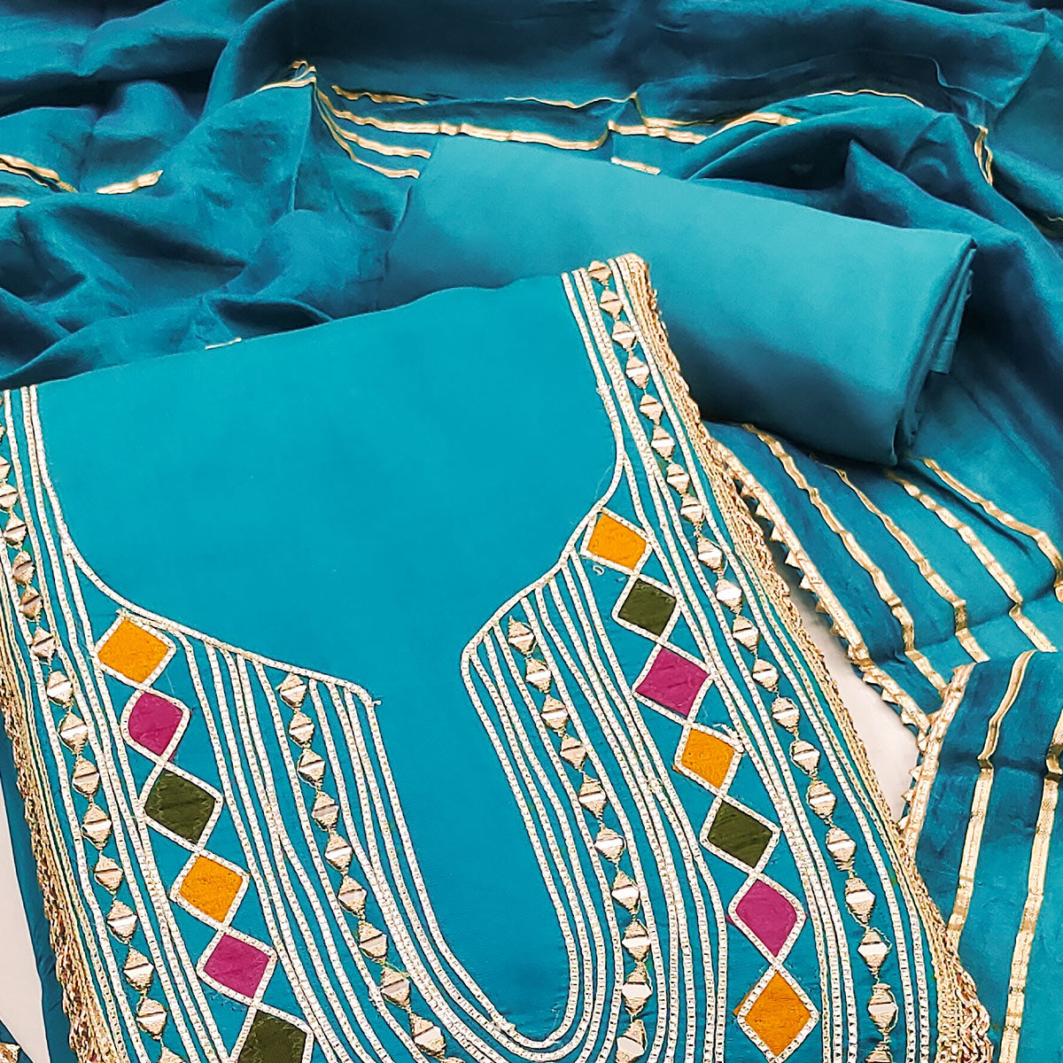 Blue Embroidered Chanderi Cotton Dress Material With Reflective Mirror & Gota Patti Work