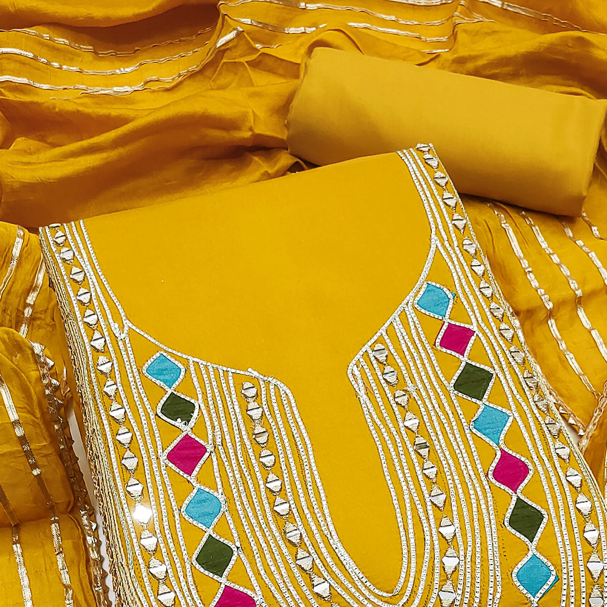 Mustard Embroidered Chanderi Cotton Dress Material With Reflective Mirror & Gota Patti Work