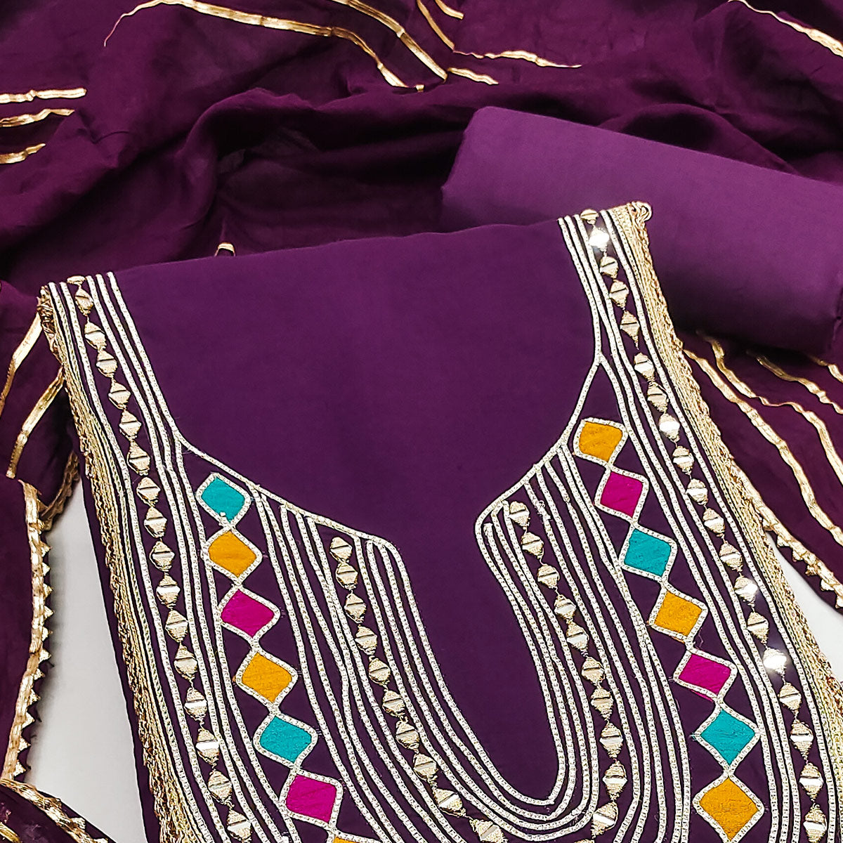 Purple Embroidered Chanderi Cotton Dress Material With Reflective Mirror & Gota Patti Work