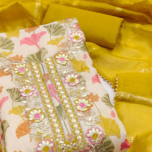 Cream & Mustard Floral Printed Shimmer Silk Dress Material Enhanced With Sequins Cording Embroidery