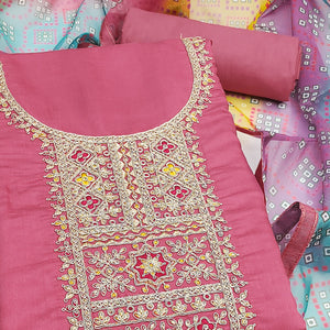Gajari Pink Roman Chanderi Silk Dress Material With Elegant Sequins & Cording Embroidery Work