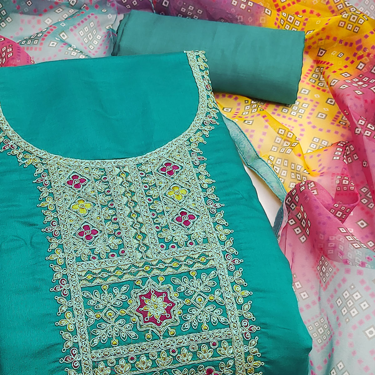 Rama Blue Roman Chanderi Silk Dress Material With Elegant Sequins & Cording Embroidery Work