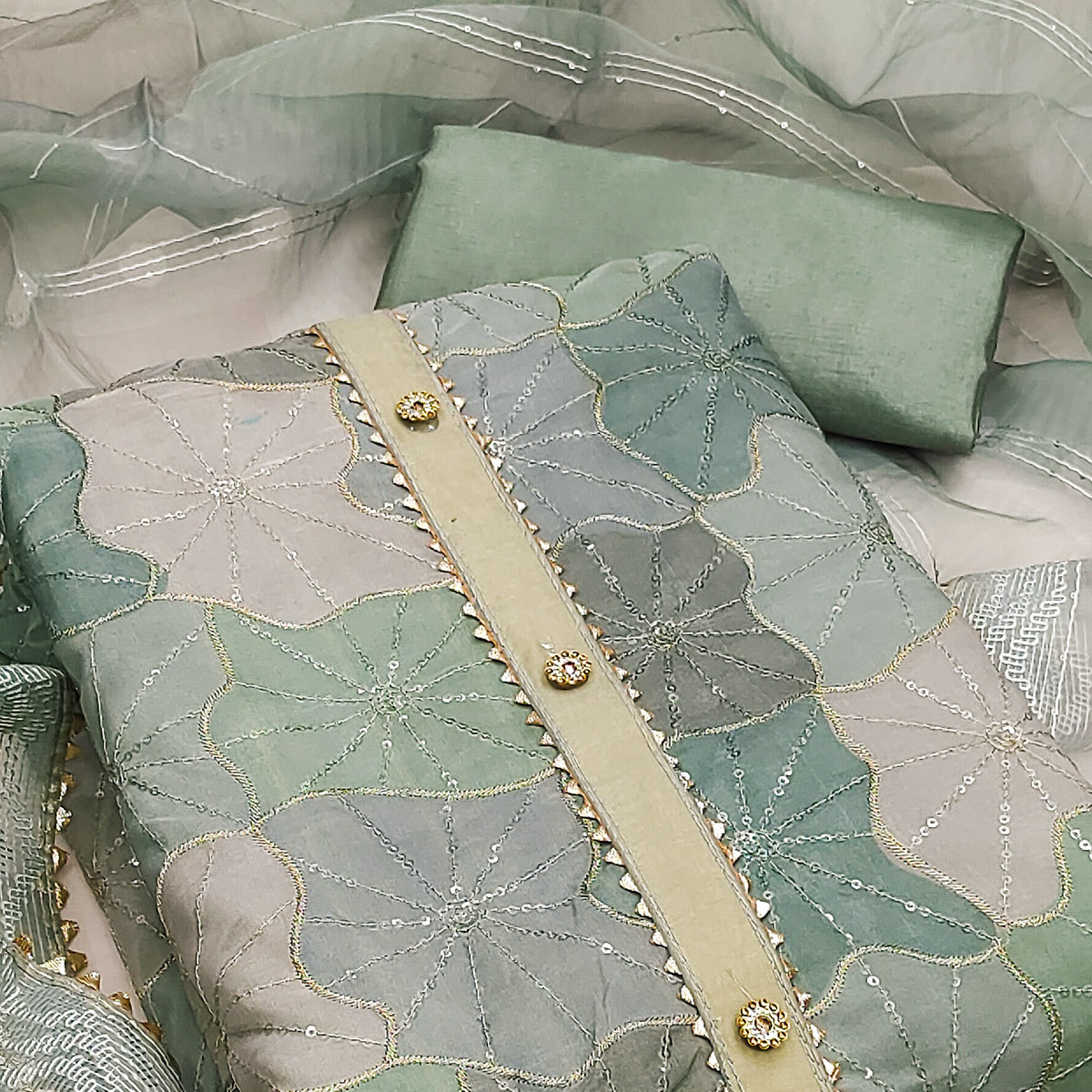 Sea Green Organza Suit Material with Delicate Sequins Embroidery to Elevate Your Look