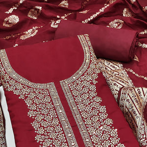 Maroon Roman Chanderi Silk Dress Material With Elegant Floral & Cording Embroidery Work
