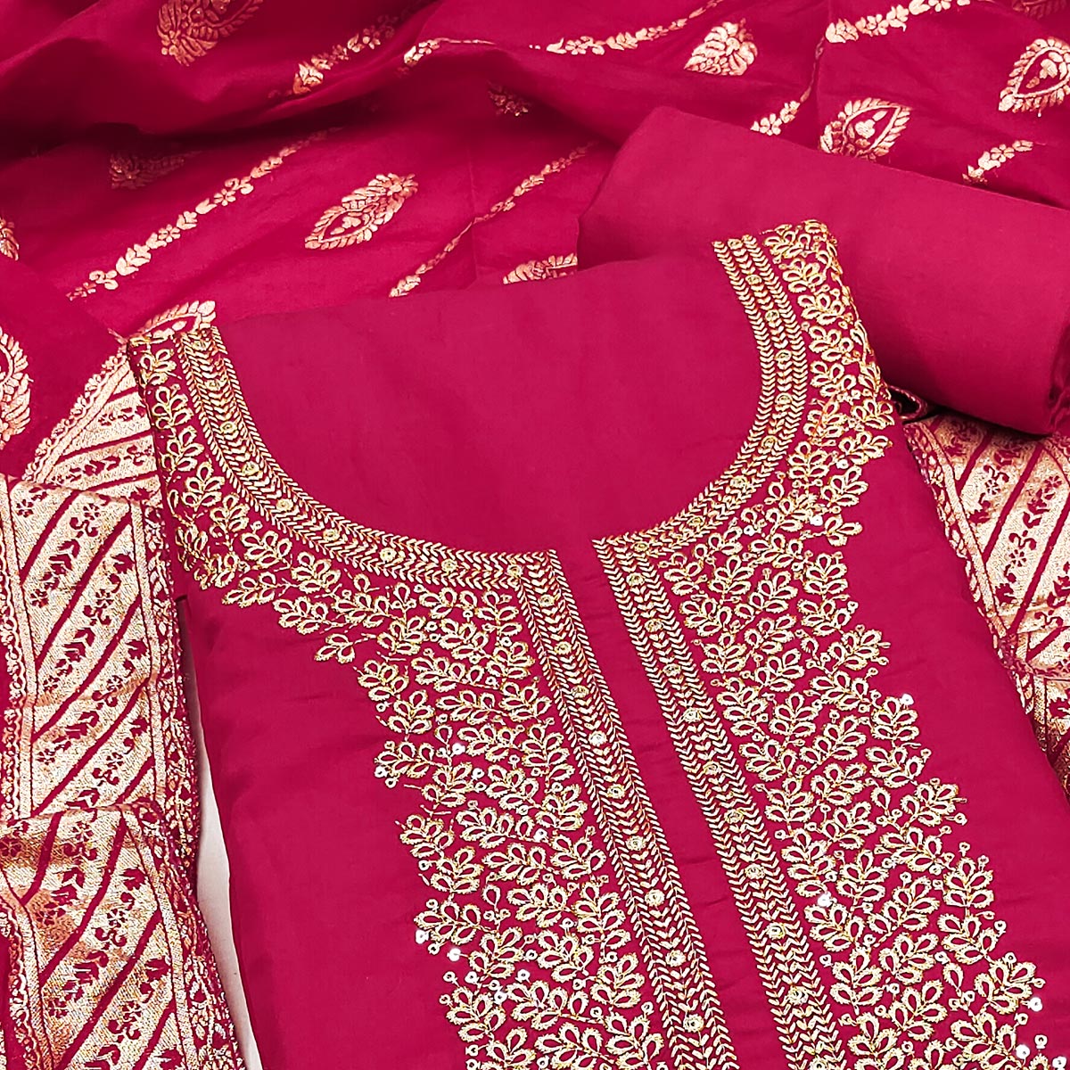 Pink Roman Chanderi Silk Dress Material With Elegant Floral & Cording Embroidery Work