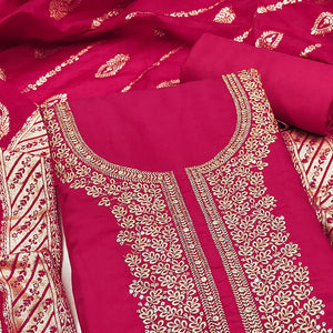 Pink Roman Chanderi Silk Dress Material With Elegant Floral & Cording Embroidery Work