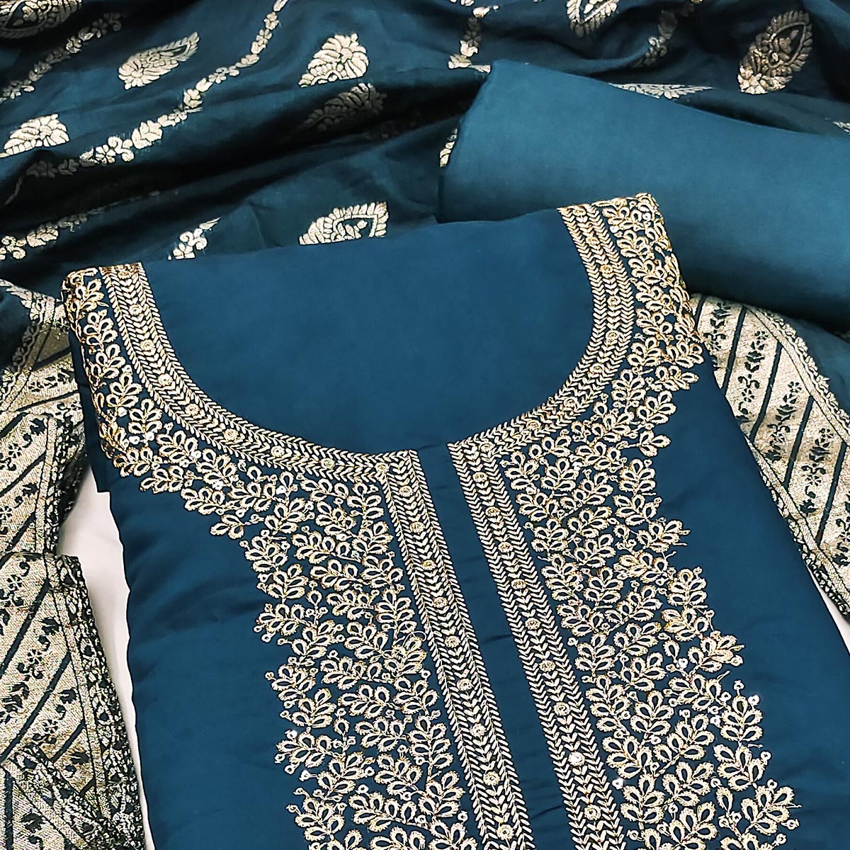 Teal Roman Chanderi Silk Dress Material With Elegant Floral & Cording Embroidery Work