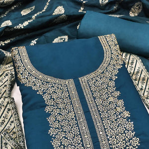 Teal Roman Chanderi Silk Dress Material With Elegant Floral & Cording Embroidery Work