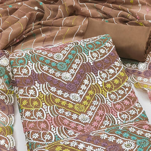 Brown Dress Material In Rich Jacquard With Intricate Heavy Embroidery