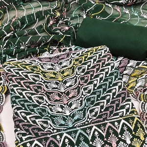 Dark Green Dress Material In Rich Jacquard With Intricate Heavy Embroidery