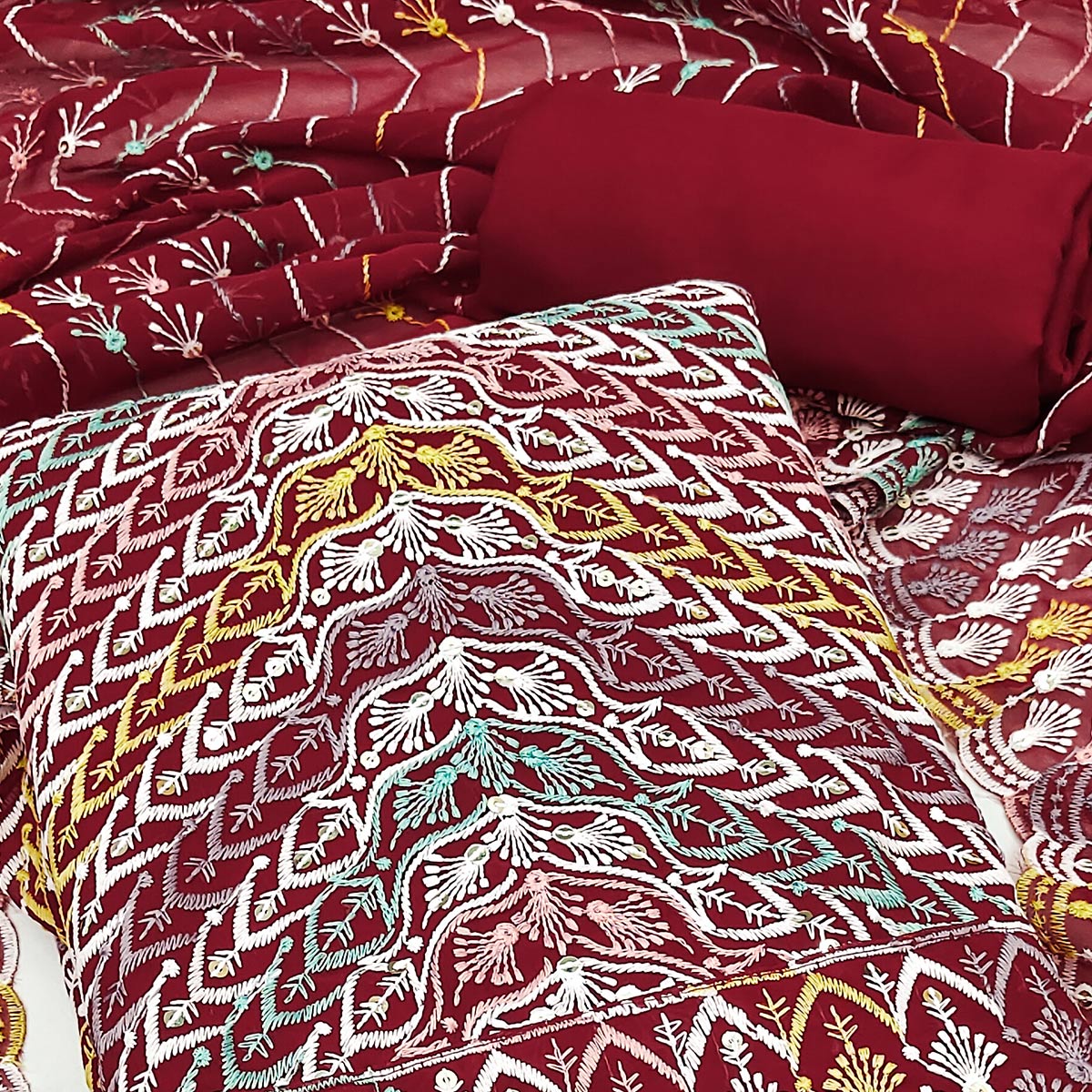 Maroon Dress Material In Rich Jacquard With Intricate Heavy Embroidery