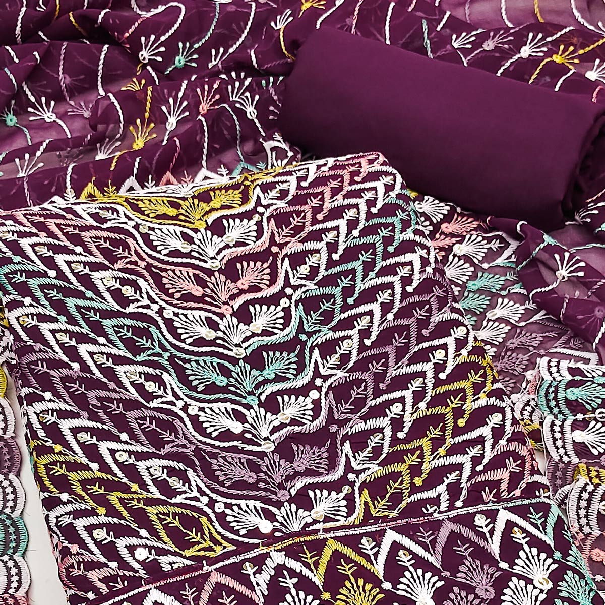 Purple Dress Material In Rich Jacquard With Intricate Heavy Embroidery