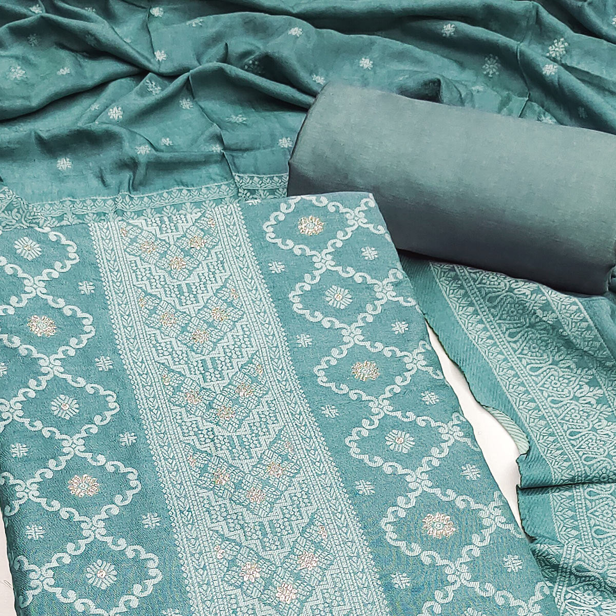 Banarasi Inspired Teal Jacquard Fabric for Elegant Ensembles