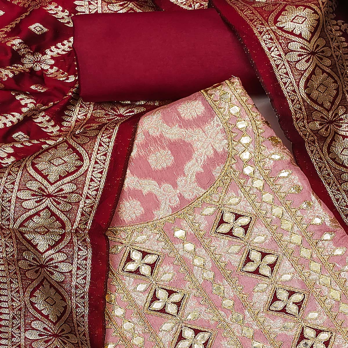 Pink Floral Weaving Jacquard Dress Material With Cording & Gota Patti Work