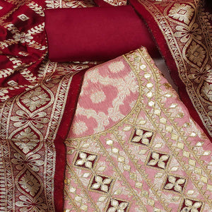 Pink Floral Weaving Jacquard Dress Material With Cording & Gota Patti Work