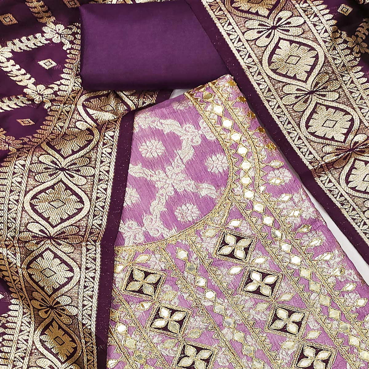Purple Floral Weaving Jacquard Dress Material With Cording & Gota Patti Work