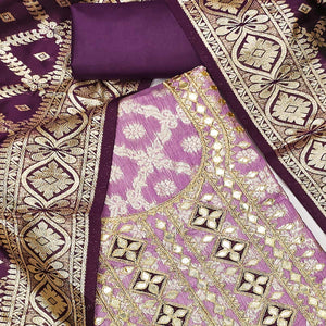 Purple Floral Weaving Jacquard Dress Material With Cording & Gota Patti Work