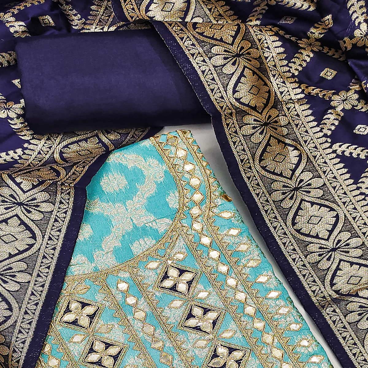 Turquoise Floral Weaving Jacquard Dress Material With Cording & Gota Patti Work