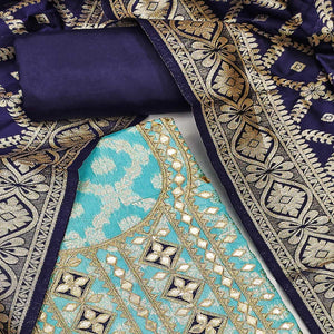 Turquoise Floral Weaving Jacquard Dress Material With Cording & Gota Patti Work