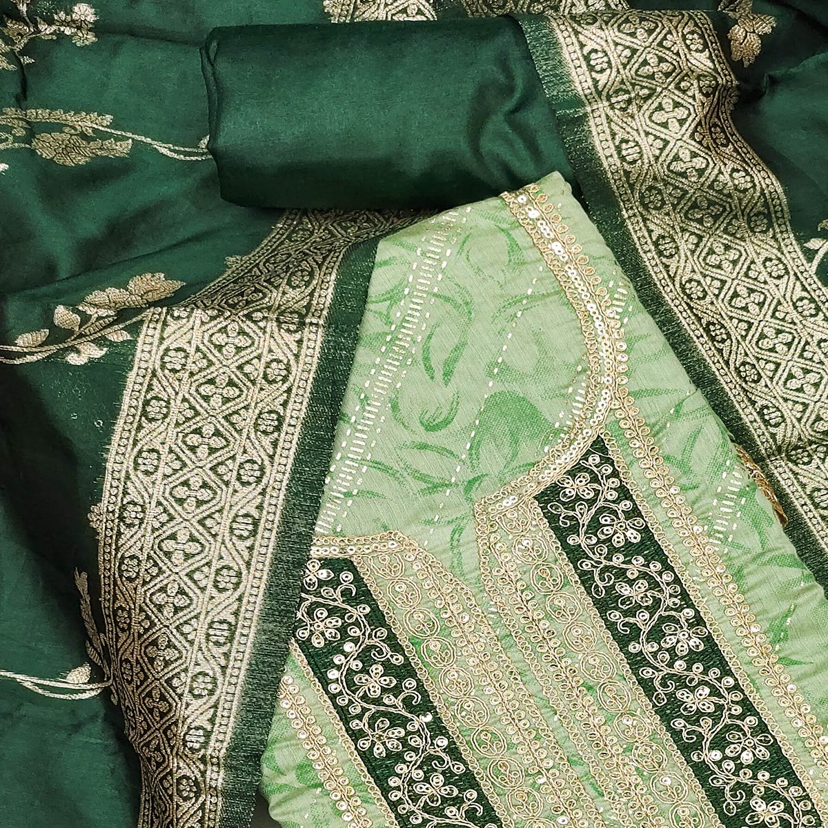 Green Printed Chanderi Silk Dress Material With Elegant Sequins & Cording Embroidery