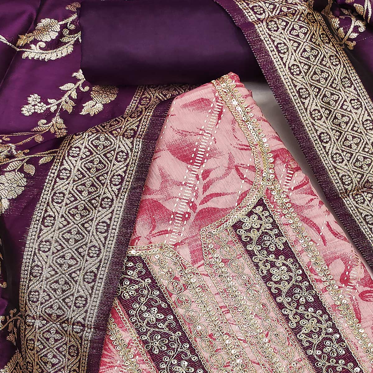 Pink Printed Chanderi Silk Dress Material With Elegant Sequins & Cording Embroidery