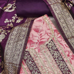 Pink Printed Chanderi Silk Dress Material With Elegant Sequins & Cording Embroidery