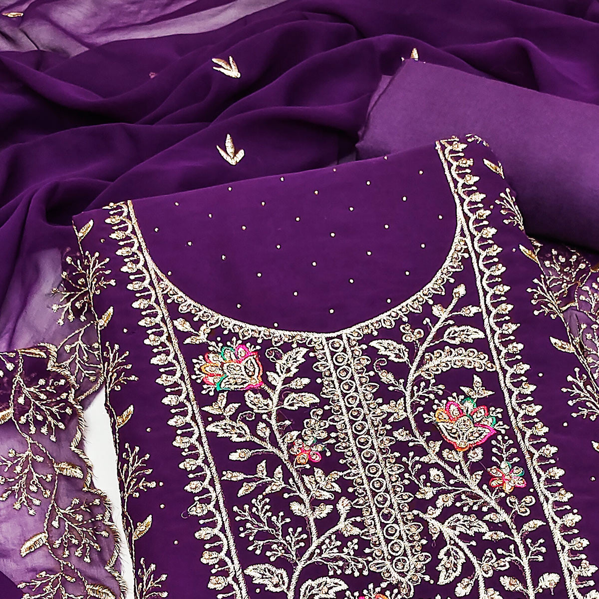 Purple Georgette Dress Material With Floral Embroidery & Sparkling Stone Work