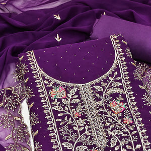 Purple Georgette Dress Material With Floral Embroidery & Sparkling Stone Work