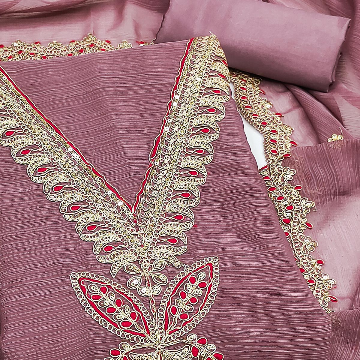 Onion Pink Ensemble In Zomato Art Silk Adorned With Cording Floral Embroidery & Sparkling Sequins