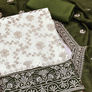 Offwhite & Green Vichitra Silk Dress Material With Intricate Floral Zari Work