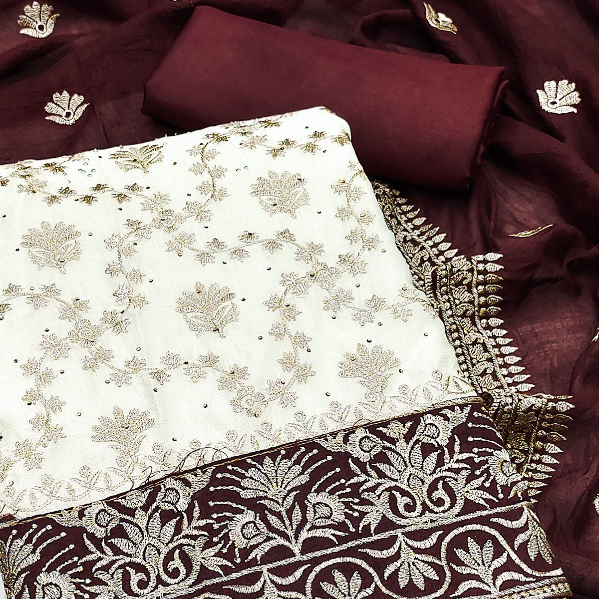 Offwhite & Maroon Vichitra Silk Dress Material With Intricate Floral Zari Work