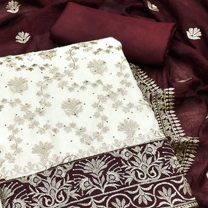 Offwhite & Maroon Vichitra Silk Dress Material With Intricate Floral Zari Work