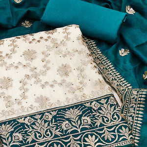 Offwhite & Rama Vichitra Silk Dress Material With Intricate Floral Zari Work