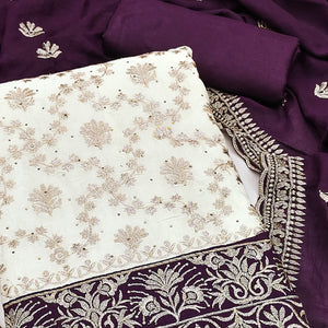 Offwhite & Wine Vichitra Silk Dress Material With Intricate Floral Zari Work