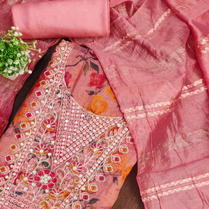 Peach Floral Printed Dress Material With Elegant Embroidery on Shimmer Jacquard