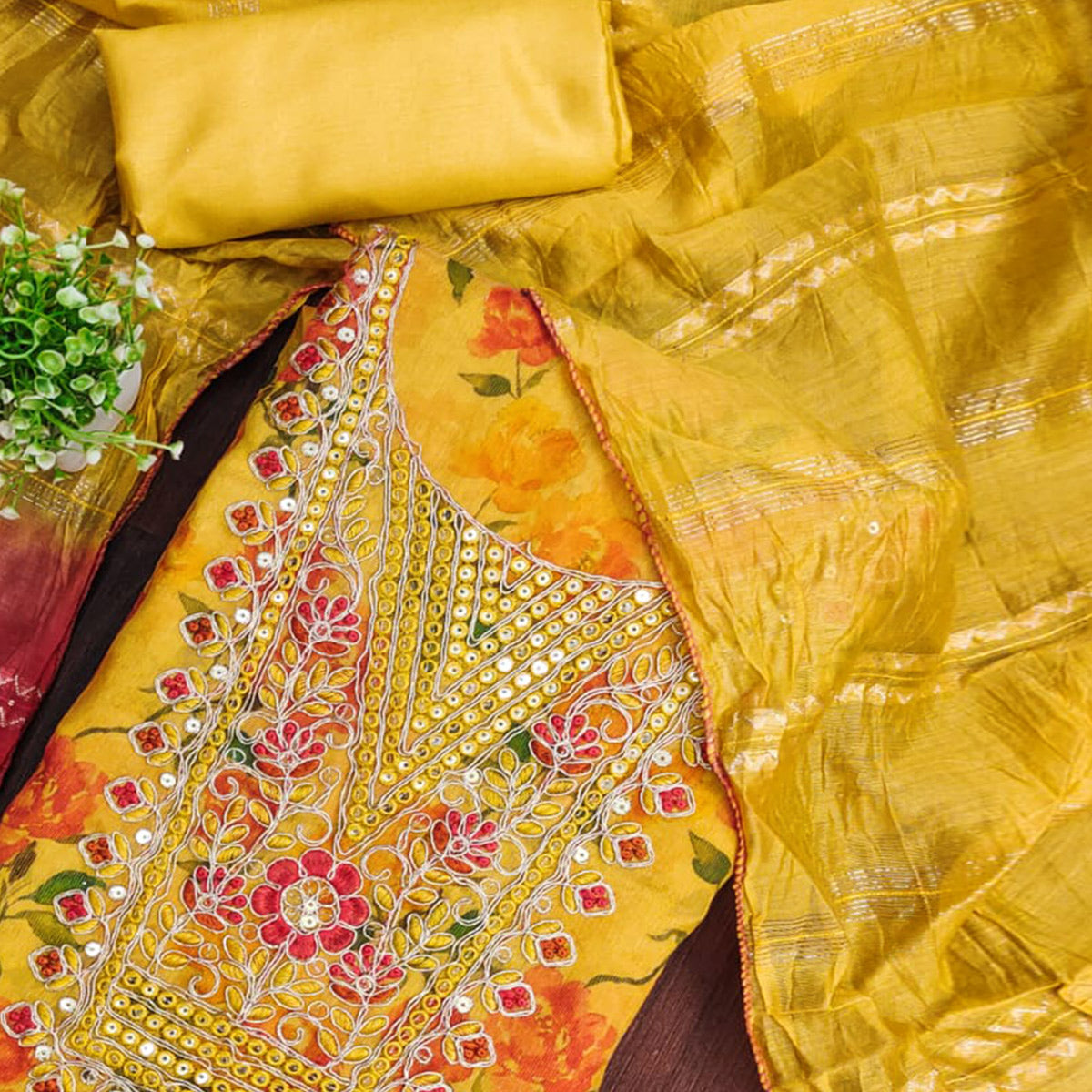 Yellow Floral Printed Dress Material With Elegant Embroidery on Shimmer Jacquard